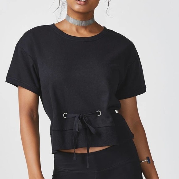 Fabletics Odin French Terry Tee Sweatshirt Cinch Eyelet Waist M Black‎ - Picture 1 of 7